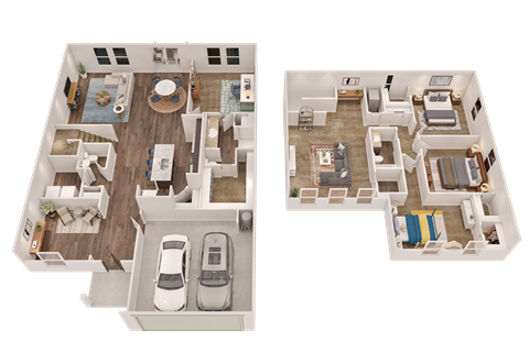Two floor plans of a house with a car parked in the driveway.